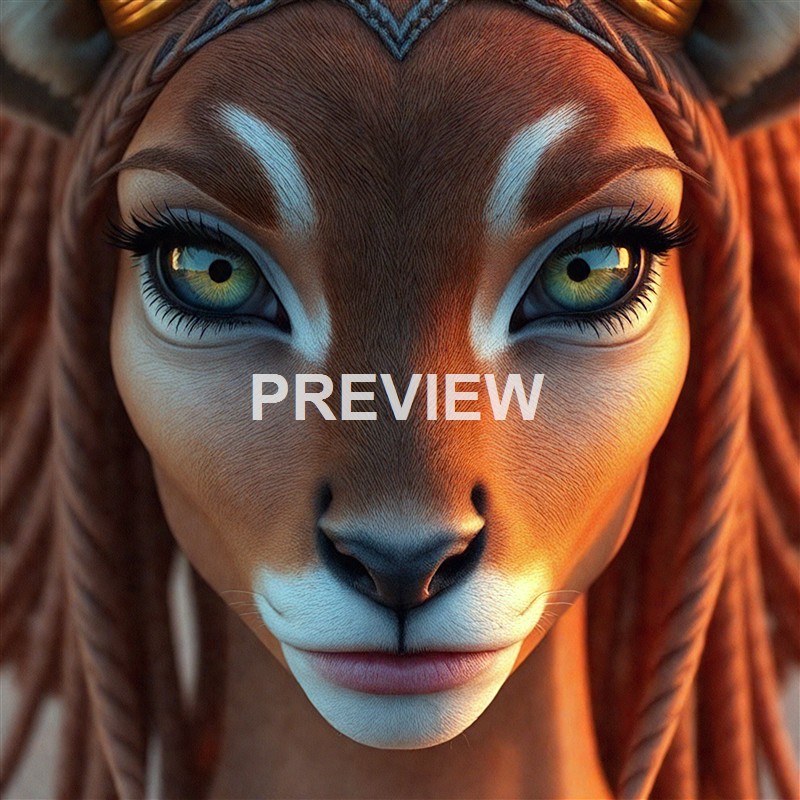 A close-up of an anthropomorphic feline face with detailed fur, piercing green eyes, and makeup that accentuates its features, set against a warm background.